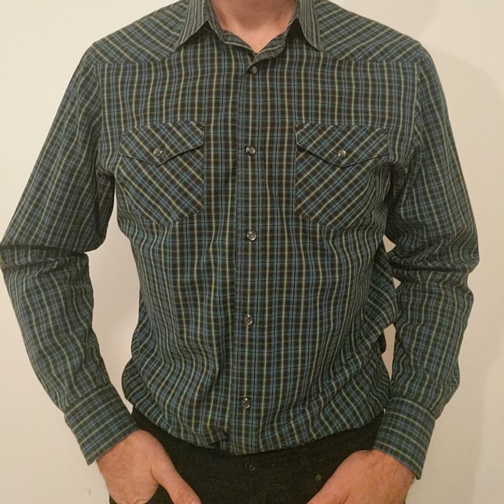 BR slim fit green blue plaid shirt w pearl snaps